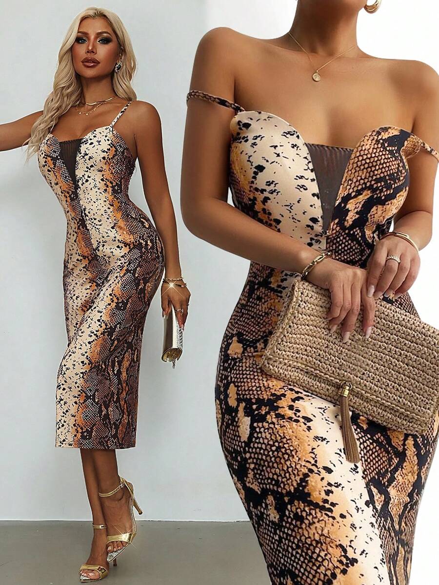 Xyvia 女士性感蛇纹细肩带夜店派对连衣裙，适合秋季音乐会和庆典 - 彩色 - 查看 1