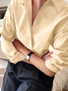 女士纯色长袖单排扣休闲宽松衬衫 - 黃色 - 查看 4