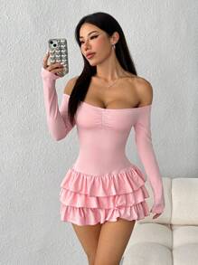 SHEIN EZwear 女士纯色露肩荷叶边下摆紧身迷你连衣裙 - 粉色 - 查看 4