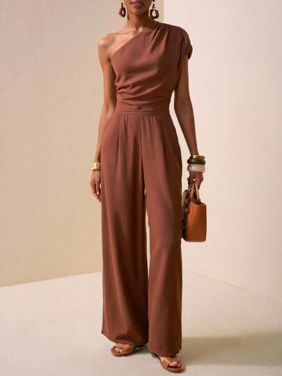 Zivah 2025 夏季新款休闲度假纯棕色单肩聚拢女上衣 + 高腰阔腿裤女两件套西装，适合音乐节、海边、海滩、度假、旅行、派对聚会、日常外出、通勤、返校、波西米亚风、游牧风格