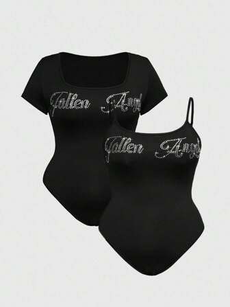 J-Fashion Y2K Crystal Embellished Two Pieces Plus Size Bodysuit