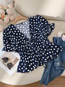 CosyJoli Plus Size Polka Dot Short Sleeve Shirt, Fashionable For Summer - Navy Blue - View 2
