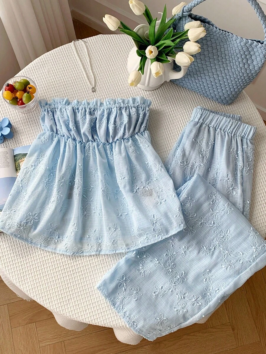 Comfortcana 2件套女士度假休闲纯色刺绣抹胸上衣和裤子套装 - 藍色 - 查看 1