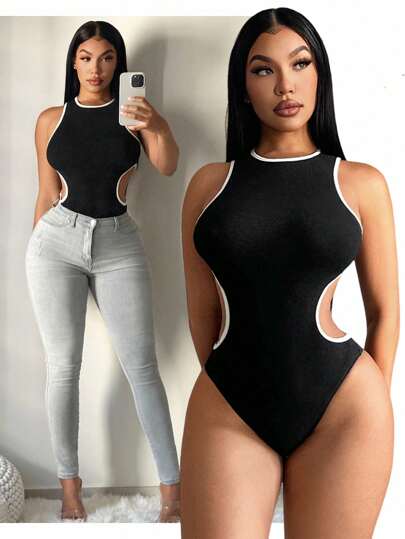 SHEIN SXY Mono informal con cuello de pico y corte en la cintura para mujer de talla grande