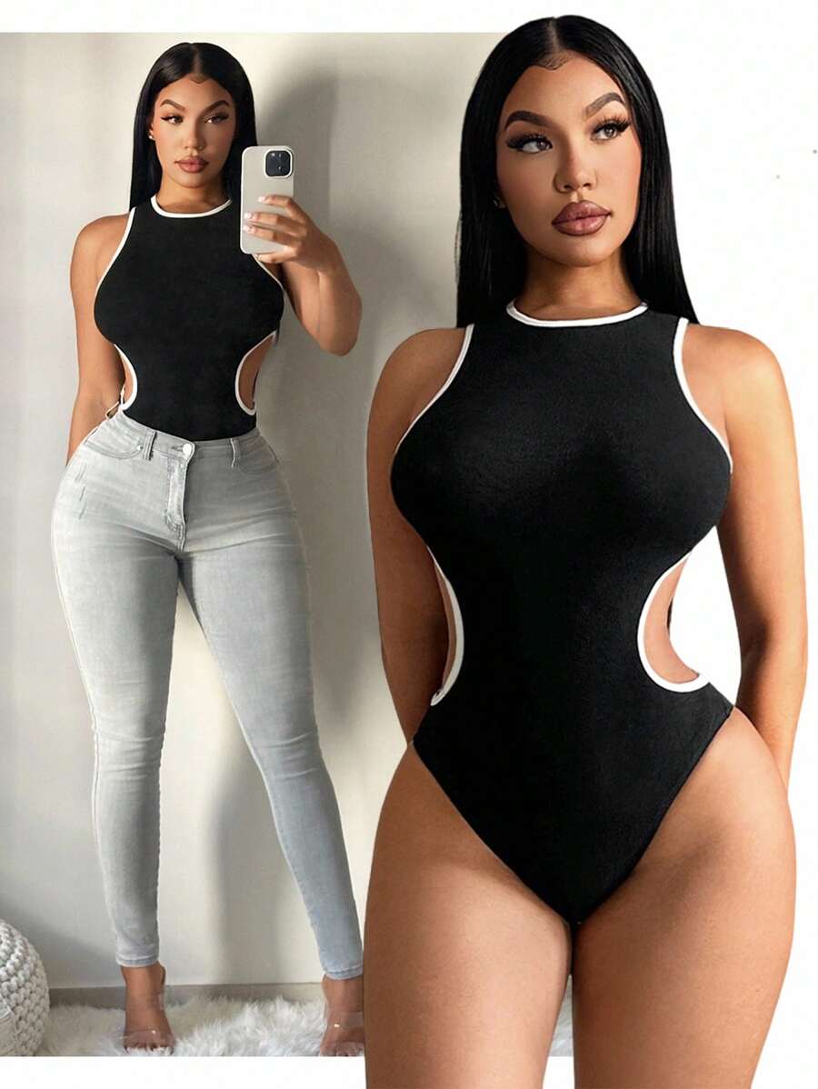 SHEIN SXY 大码女式圆领露腰休闲连体衣 - 黑色 - 查看 1