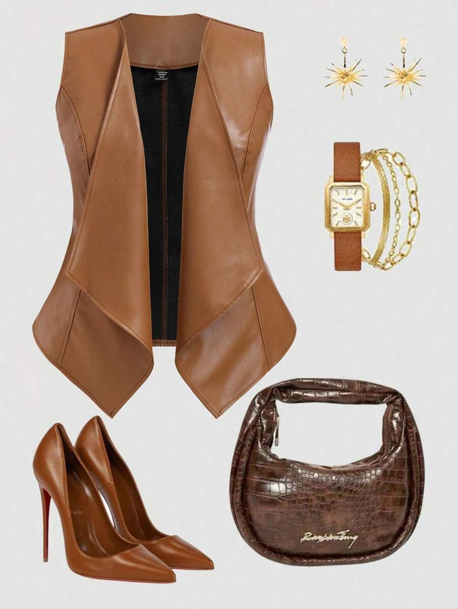 SHEIN Unity 大码纯色不对称下摆瀑布领复古休闲无袖夹克 - 棕色 - 查看 1