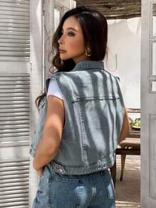 Livesso Women's Sleeveless Short Distressed Denim Jacket With Rhinestones - Blue - View 2