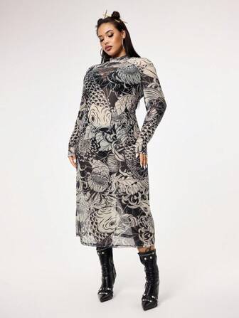 Grunge Punk Vestido ajustado y sexy de talla grande para mujer con estampado retro de malla con peces koi