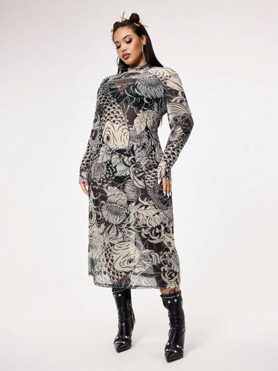 Grunge Punk فستان ضيق جذاب مقاس كبير للسيدات مطبوع بنقشة شبكية سمكة الكوي كلاسيكي