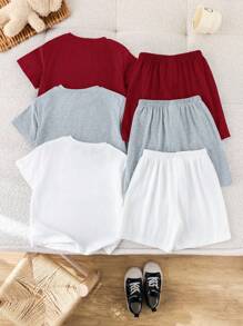SHEIN 6pcs/Set Kids Boys & Girls Cute Casual Fashion Personalized Teddy Bear Print T-Shirt & Loose Shorts Sets, Multi-Piece Suit, Suitable For Everyday Wear, Sports, Outings, School, Gatherings, Festivals, Performances, Photos, Spring/Summer - Burgundy - View 7
