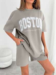SHEIN PETITE Conjunto informal de dos piezas de camiseta y pantalones cortos 100% algodón Cottnline con bordado de Boston para mujer