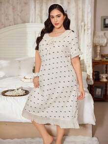 CottageSlumber Chemise de nuit courte pour femme à manches courtes avec volants brodés, nœud papillon imprimé, mi-longue et ample - Nude - Voir 7
