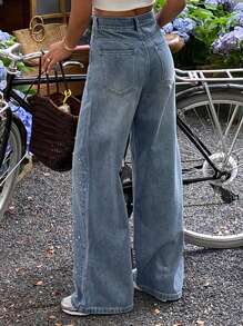 Livesso Women's Rhinestone Decor Loose Casual Straight Leg Jeans, Street Style