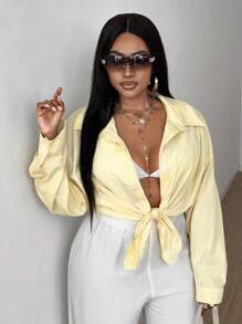 Maweii Camisa holgada de manga larga, de un solo color, informal y versátil para usar a diario, talla grande - Amarillo - Ver 7