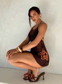 Aloruh Women Spring And Summer Vacation Crochet Brown Dresses