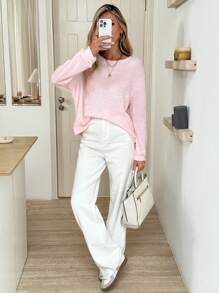 Easowa Solid Color Stand Collar Ribbed Women's Casual Basic Top T-Shirt