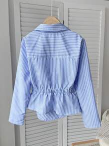 SHEIN Tween Girl Loose-Fit Casual Striped Collared Button-Up Asymmetric Hem Ruffled Shirt, Comfortable & Elegant Daily School Blue Striped Shirt Striped Collared Shirt Blue And White Striped Summer Shirt Fall Winter - Blue - View 2