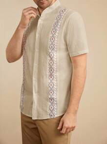 HIMLAND Men's Holiday Casual Printed Patchwork Stand Collar Short Sleeve Shirt