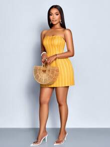 SOLERSUN Váy mini kẻ sọc thanh lịch dành cho nữ, hở vai, không dây, thường ngày, hẹn hò & dự tiệc (Hoa ngẫu nhiên) - Màu vàng - Xem 5