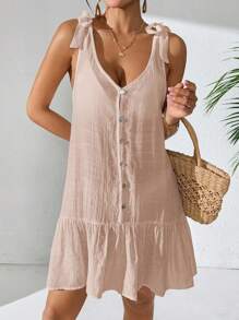 Swim Vcay 女式纯色无袖系带肩贝壳纽扣荷叶边下摆沙滩罩衫连衣裙