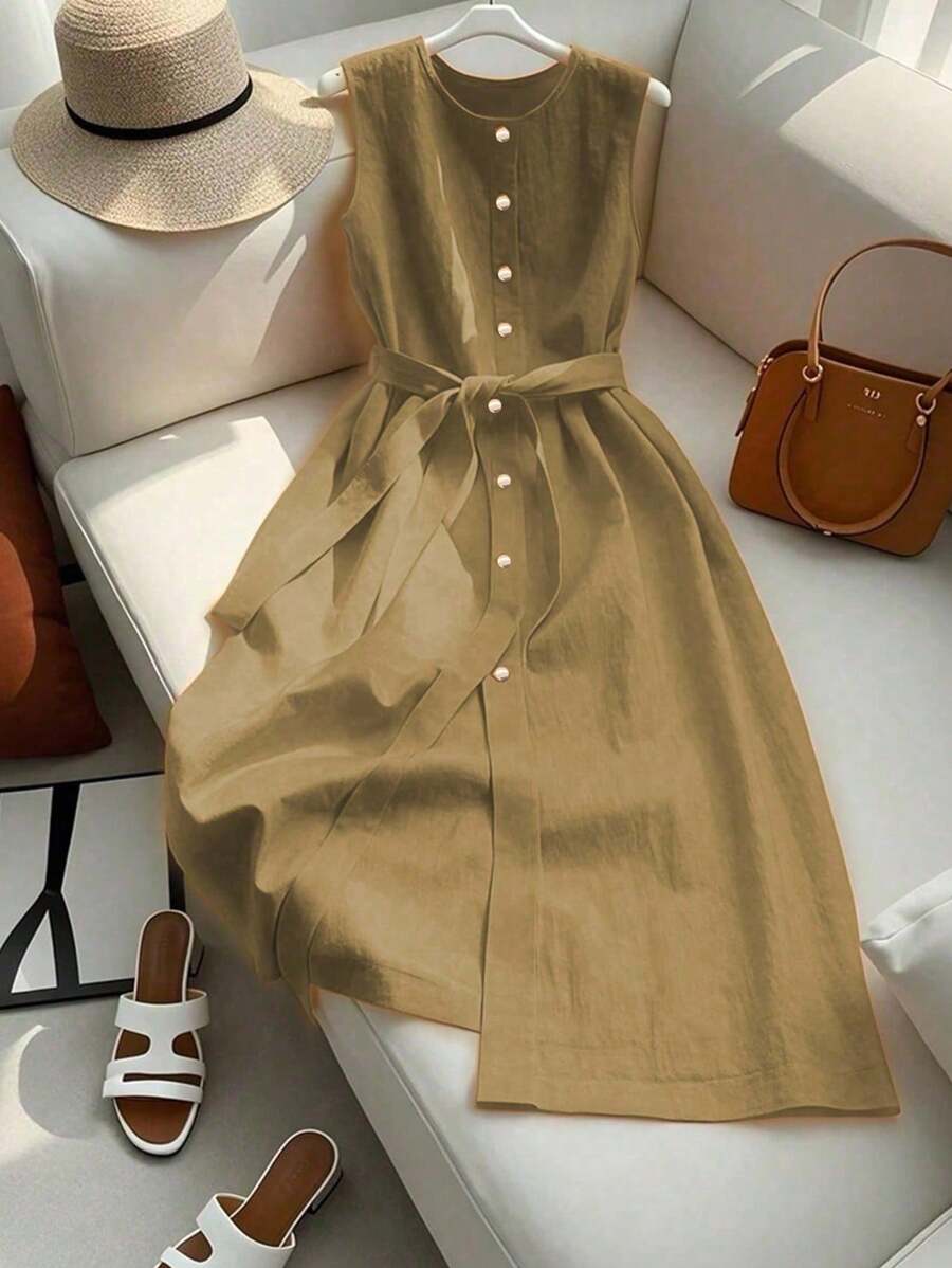 Franclia Váy không tay màu cam cao cấp của Pháp - Màu Khaki - Xem 1