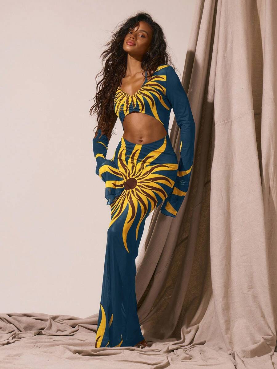 Musera Resort Áo khoác ngoài nữ họa tiết chống nắng, đầm maxi dài tay khoét eo, thích hợp cho kỳ nghỉ hè, đi biển, dự tiệc, mùa xuân, thanh lịch và nghỉ lễ. - Màu xanh lam - Xem 1