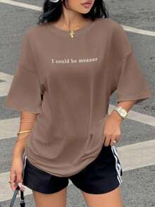 大码女式休闲口号印花圆领宽松T恤，夏季 - 卡其色 - 查看 3