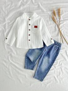 Vintaside Kids 幼儿男童时尚立领长袖衬衫搭配休闲长款水洗牛仔裤套装，适合派对、聚会或日常休闲穿着 - 白色 - 查看 1