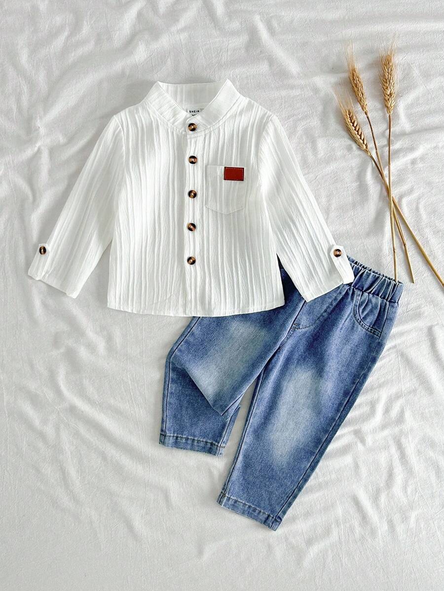 Vintaside Kids 幼儿男童时尚立领长袖衬衫搭配休闲长款水洗牛仔裤套装，适合派对、聚会或日常休闲穿着 - 白色 - 查看 1