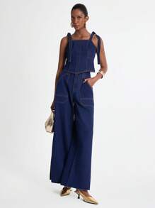 Daynim 女士夏季宽松休闲牛仔吊带背心 - 深色水洗藍 - 查看 2