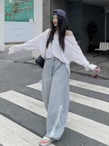 DAZY 女士休闲蕾丝拼布抽绳腰镂空哈伦裤，适合春夏秋季