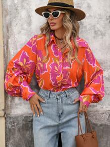Brillora Floral Print Lantern Sleeve Shirt