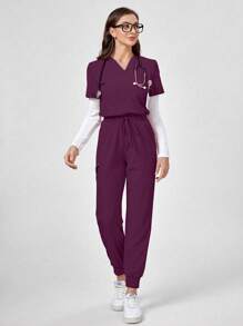 TaskEZ Solid Color V-Neck Short Sleeve Top And Pants, Scrub Uniform Set - Burgundy - View 7