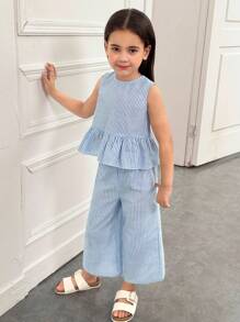 SHEIN Young Girl Casual Simple Comfortable Round Neck Sleeveless Ruffle Hem Top And Pants Set - Blue - View 6