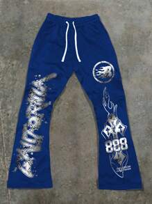 PAVTROS 男士 Y2k 哥特式抽绳腰印花运动裤，长款休闲宽松运动裤，适合送给老公、男朋友的礼物 - 藍色 - 查看 1