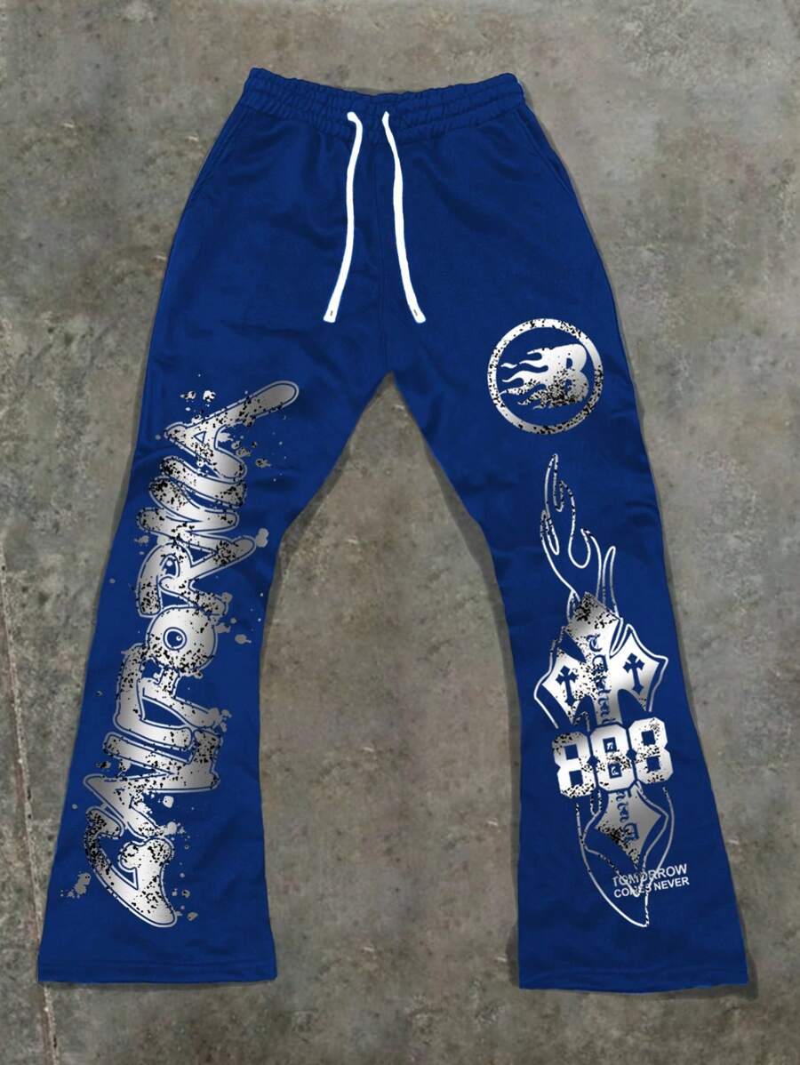 PAVTROS 男士 Y2k 哥特式抽绳腰印花运动裤，长款休闲宽松运动裤，适合送给老公、男朋友的礼物 - 藍色 - 查看 1