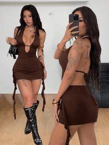 Coolane 女式夏季 Y2K 西部度假装露背黑色迷你连衣裙 - 棕色 - 查看 1