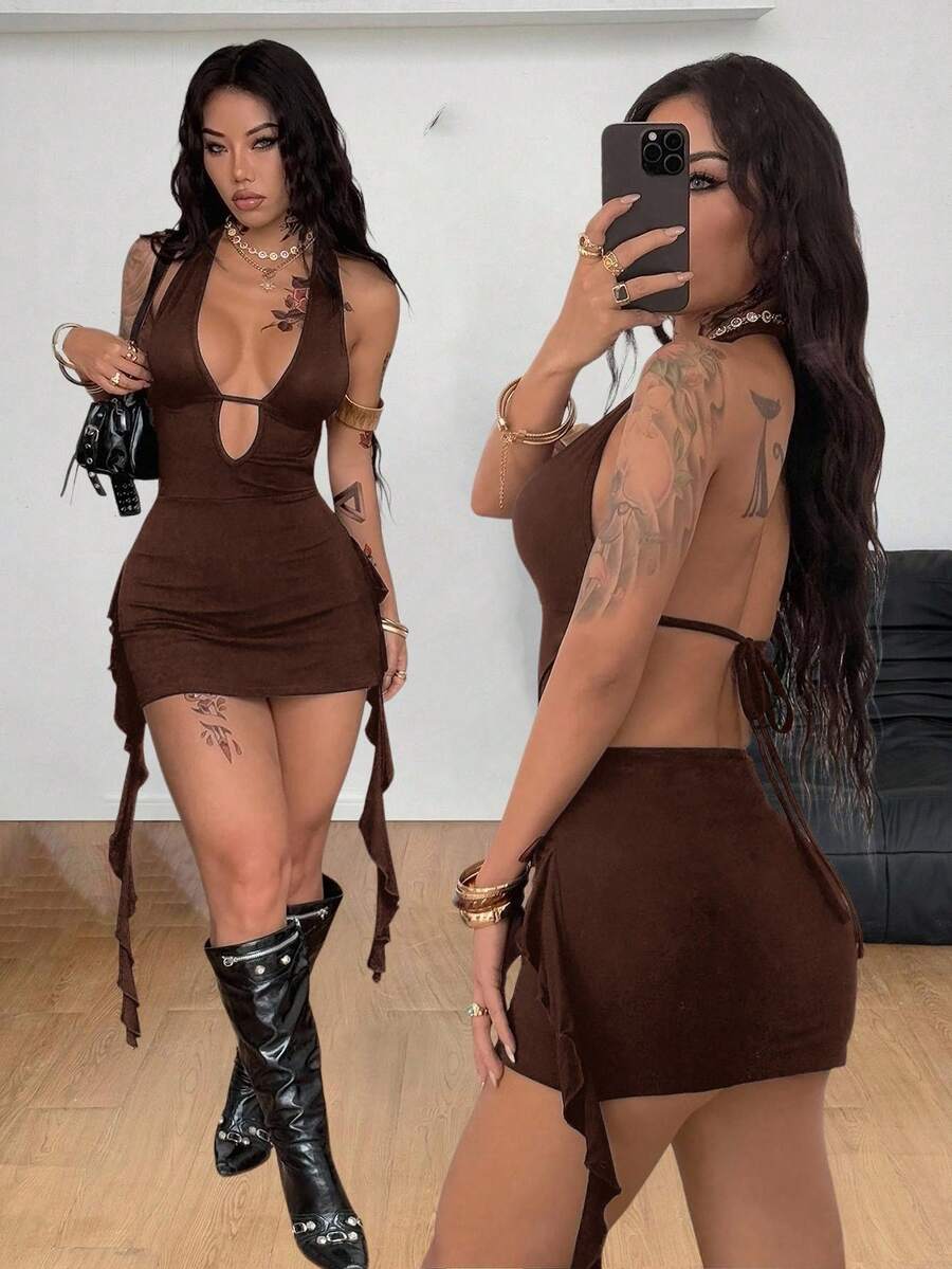 Coolane 女式夏季 Y2K 西部度假装露背黑色迷你连衣裙 - 棕色 - 查看 1