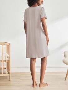 BloomMama Maternity Short Sleeve Nursing Nightgown With Button,Fashion Loungewear Sleepwear Pajama Dress Sleep Shirt - Grey - View 3