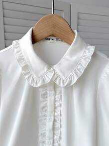 SHEIN 青少年女孩宽松休闲优雅荷叶边泡泡袖纽扣衬衫，舒适日常和学校穿着，长袖上衣白色荷叶边白色衬衫 - 白色 - 查看 4