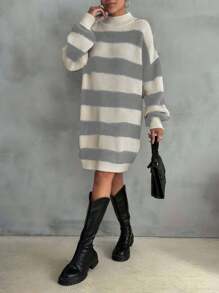 EURMUSE Women Drop Shoulder Sweater Dress With Striped Pattern,Petite - Light Grey - View 2
