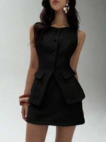 Aloruh Women's Elegant Office Commute Everyday Tweed One Shoulder Sleeveless Single-Breasted Suit Vest In Fall/Winter - Black - View 6