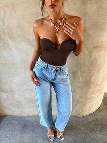 Aloruh 女士性感优雅抹胸紧身衣，合身针织 - 棕色 - 查看 4