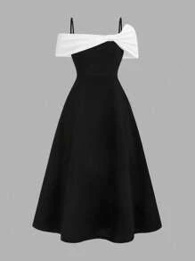 Tween Girl Contrast Color Ruffle Trim Cami Dress - Black - View 2