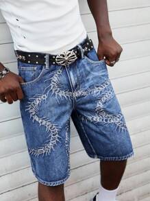 ROMWE MEN Goth Pantalones cortos vaqueros de verano casuales y sueltos para hombres con diseño bordado, sin cinturón incluido