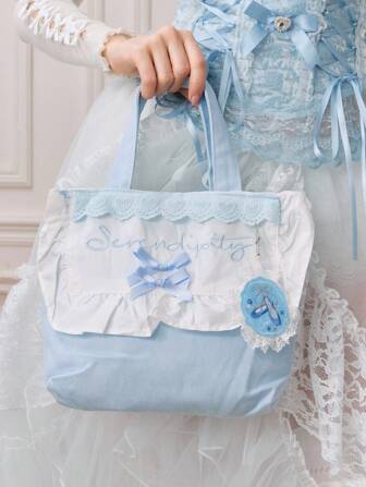 Anime Lolita Kawaii Letter Embroidery Lace & Heart Floral Patchwork Blue & White Ballet Shoes Handbag Charm, Fit For Casual Outing And Lolita Fashion Accessories