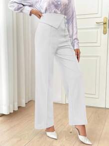 Modelyn Pantaloni casual a gamba dritta da donna, con design a vita pieghevole e bottoni, di colore liscio
