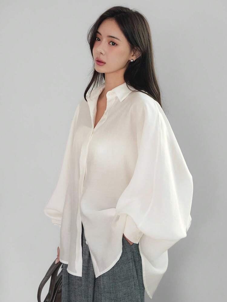 Women's Loose Business Casual Office Wear Shirt With Cross Design Waist And Straight Hem, Spring, Autumn,Fall Women Clothes Long Sleeve Top
