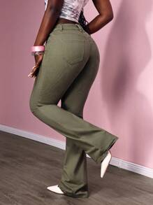 SHEIN SXY Quần Jeans Ống Loe Ôm Sát Có Túi Màu Trơn Thường Ngày - xanh quân đội - Xem 3