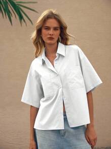Lumivelle Fashion Blue Short Sleeve Simple Pocket Lapel Collar Women Casual Shirt - White - View 5